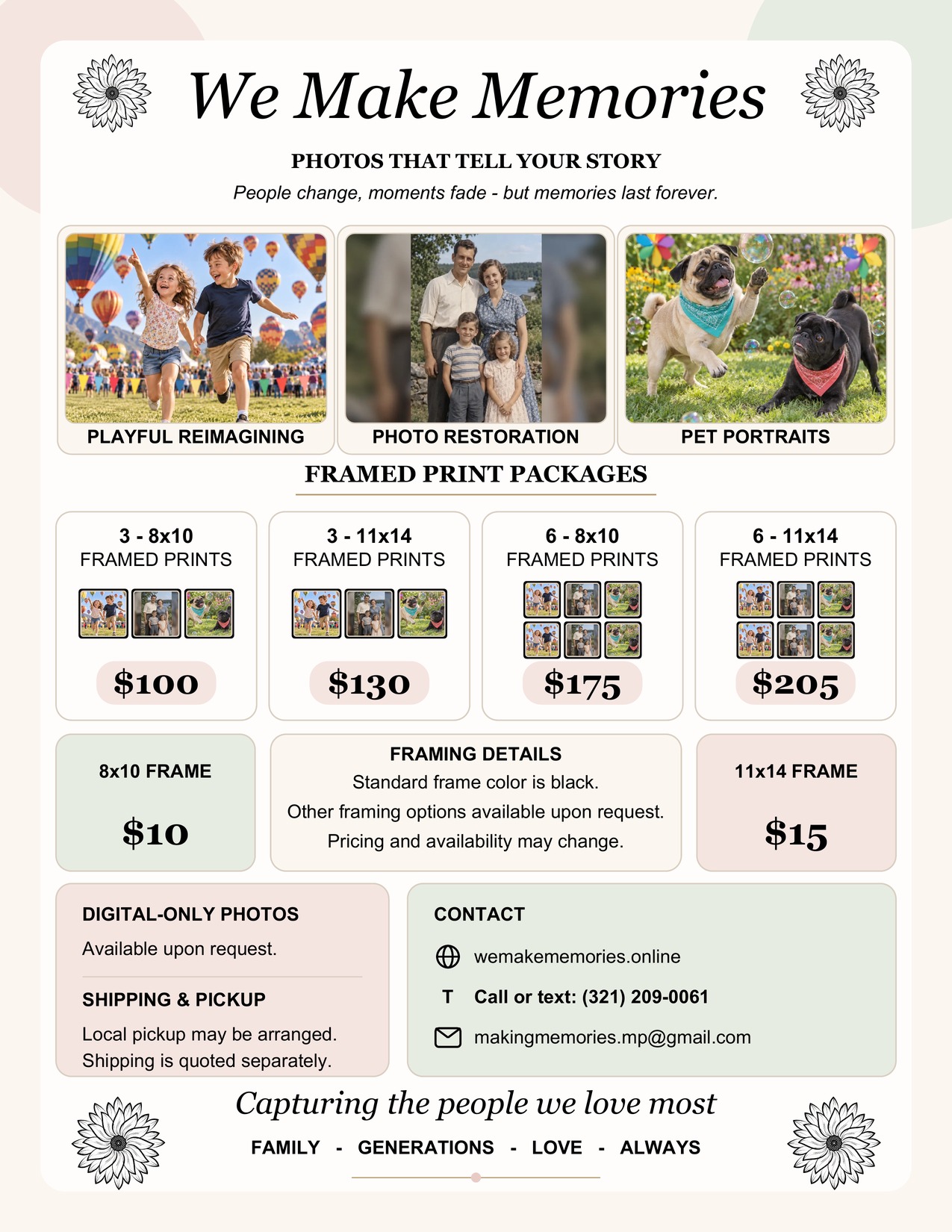 We Make Memories custom photo art and framed print pricing flyer