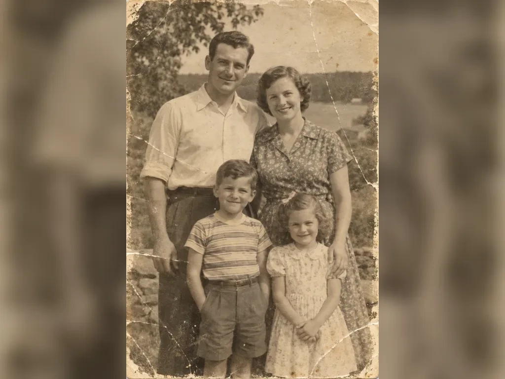 A Family Photograph, Restored — Before · damaged original